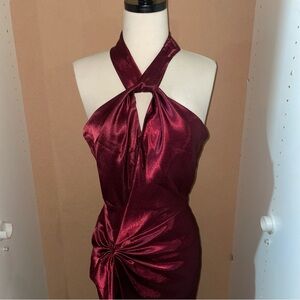 Rebecca Burgundy Key Hole Halter Evening Dress